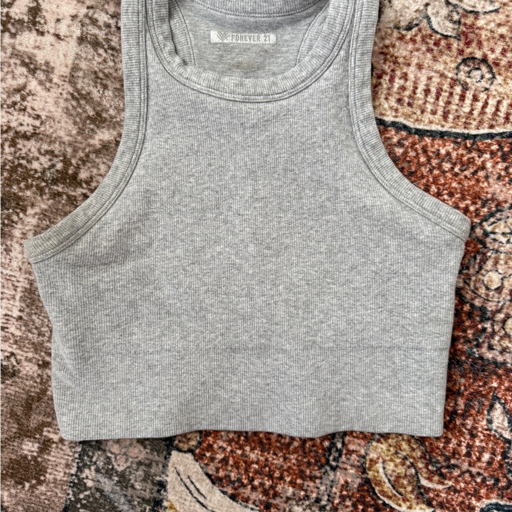 Forever 21 Ribbed Cropped Tank Top Gray Sleeveless High Neck Basic Small